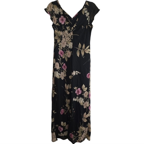 Vintage 90s All That Jazz Moody Dark Floral Midi Dress Small Double V-neckline - Picture 5 of 7